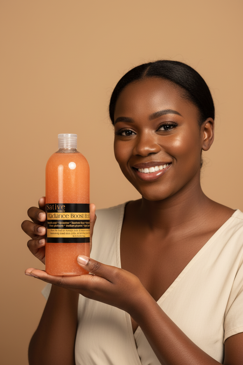 Smiling Black person holding Radiance Boost Body Wash